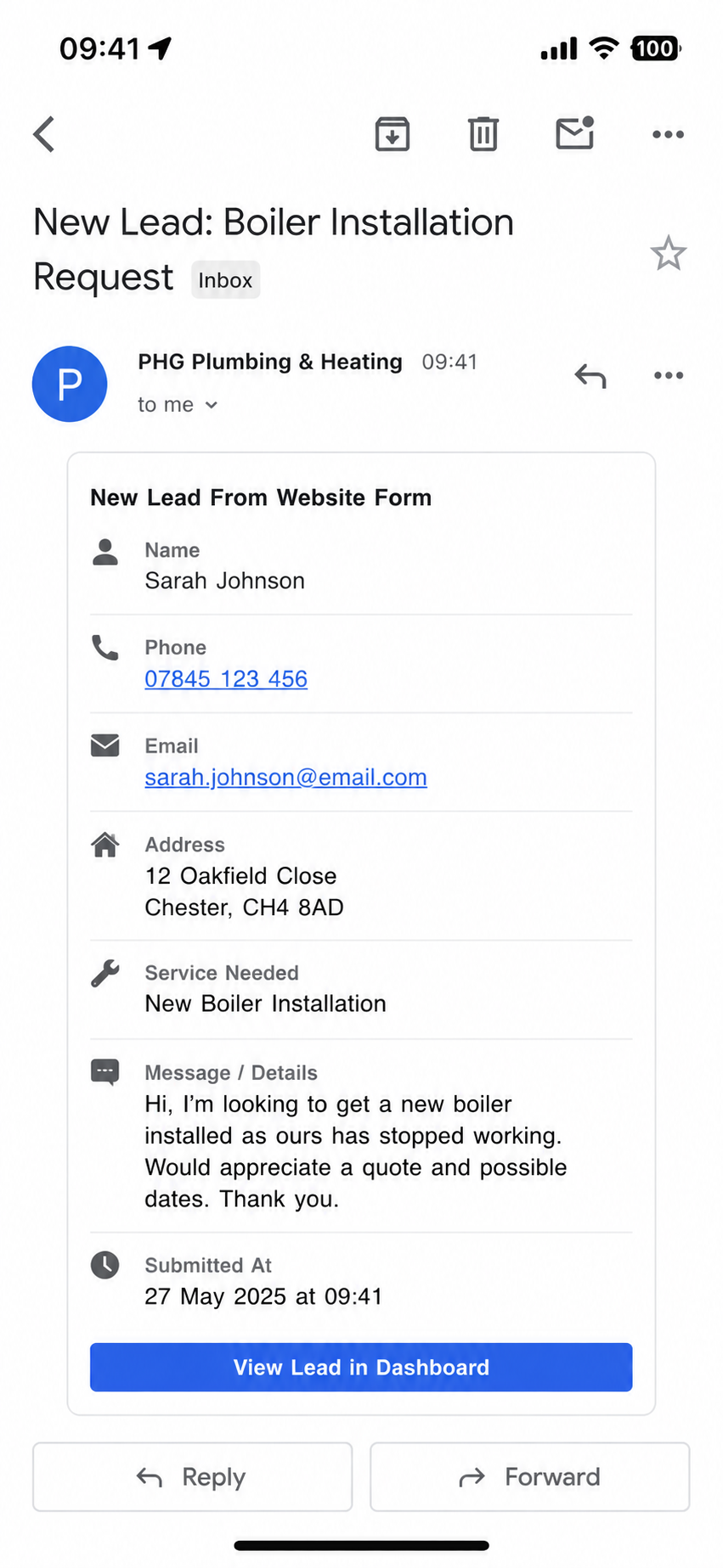 Sample boiler installation enquiry email showing a new lead from a homeowner named Sarah Johnson, including phone, email, address in Chester, and a message requesting a new boiler installation quote.