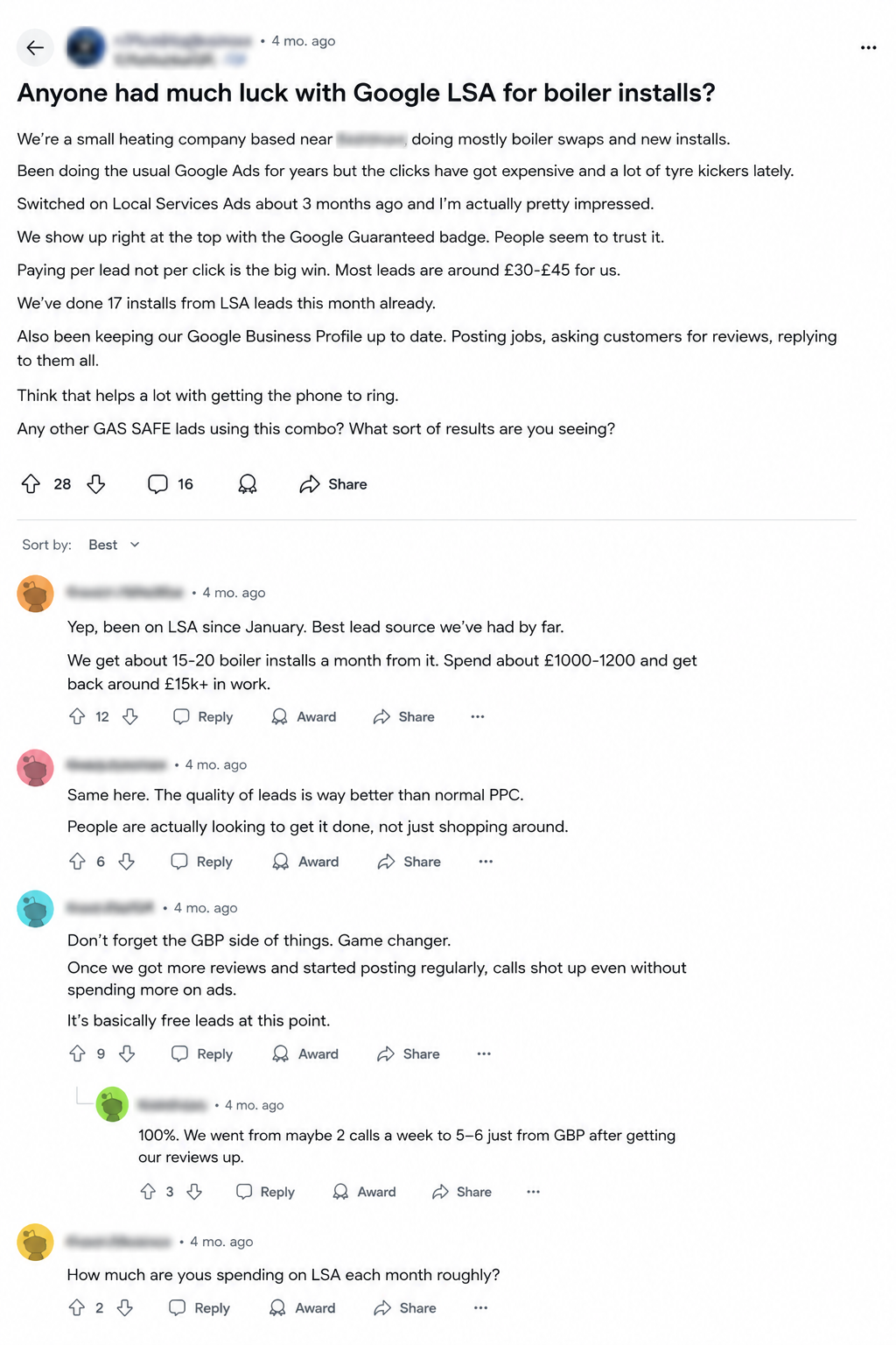 Reddit thread where UK Gas Safe engineers discuss getting 15 to 20 boiler installs a month from Google Local Services Ads and Google Business Profile, spending around £1,000 to £1,200 a month and earning back £15,000 plus in work.