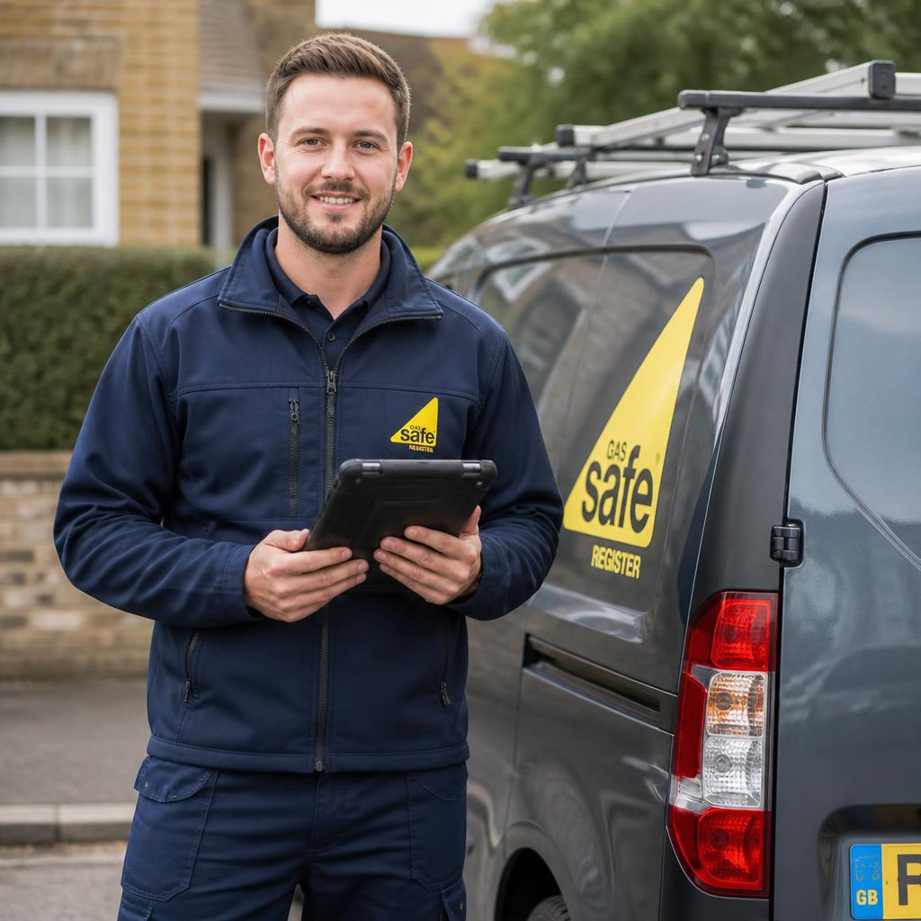 Gas Safe registered heating engineer beside his work van